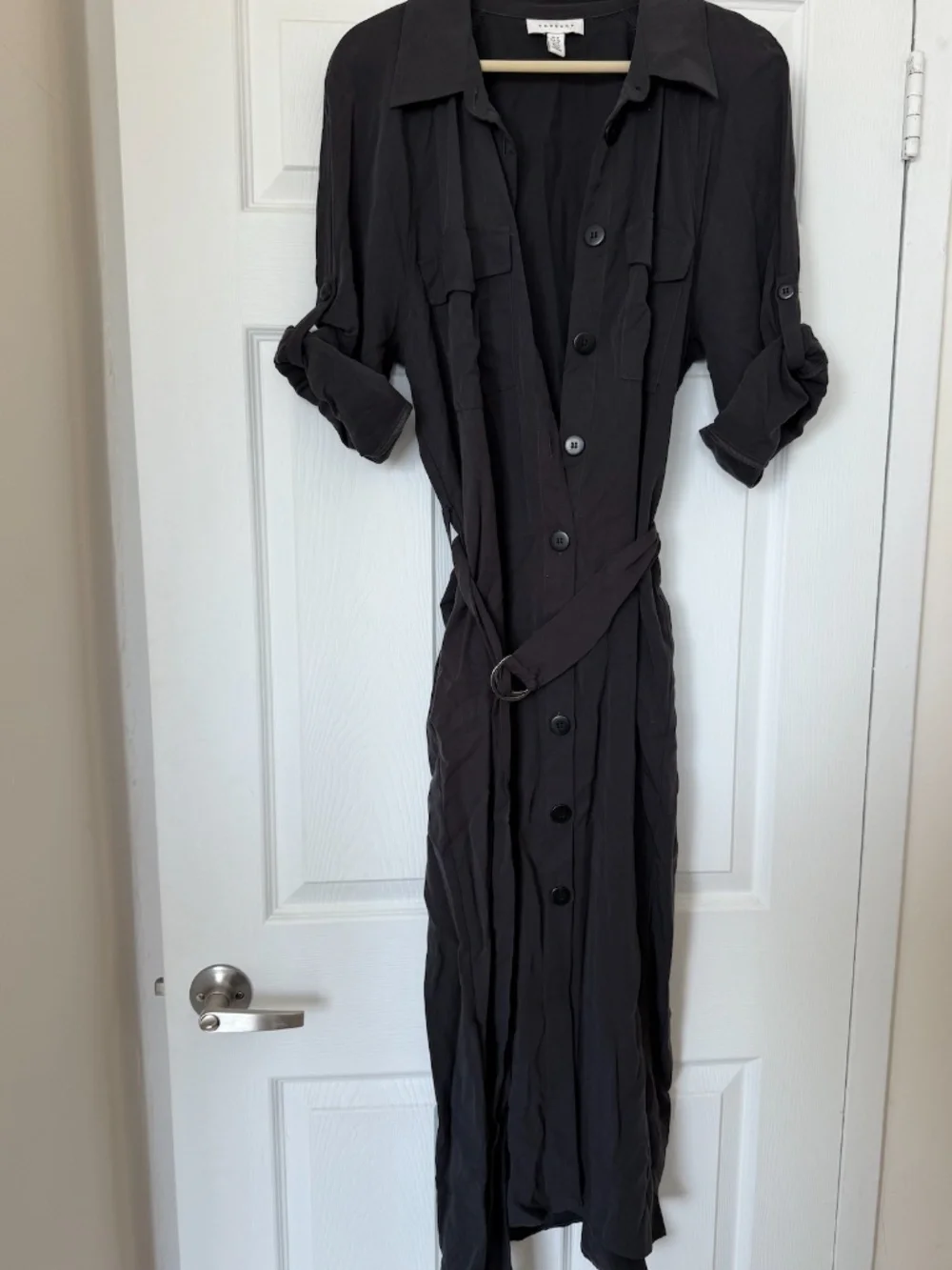 Topshop charcoal Button Shirt Dress Belted Utility Midi /Maxi Dress Roll Sleeve